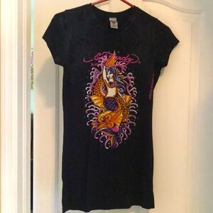 Ed Hardy Black T-Shirt with Mermaid Graphic Design